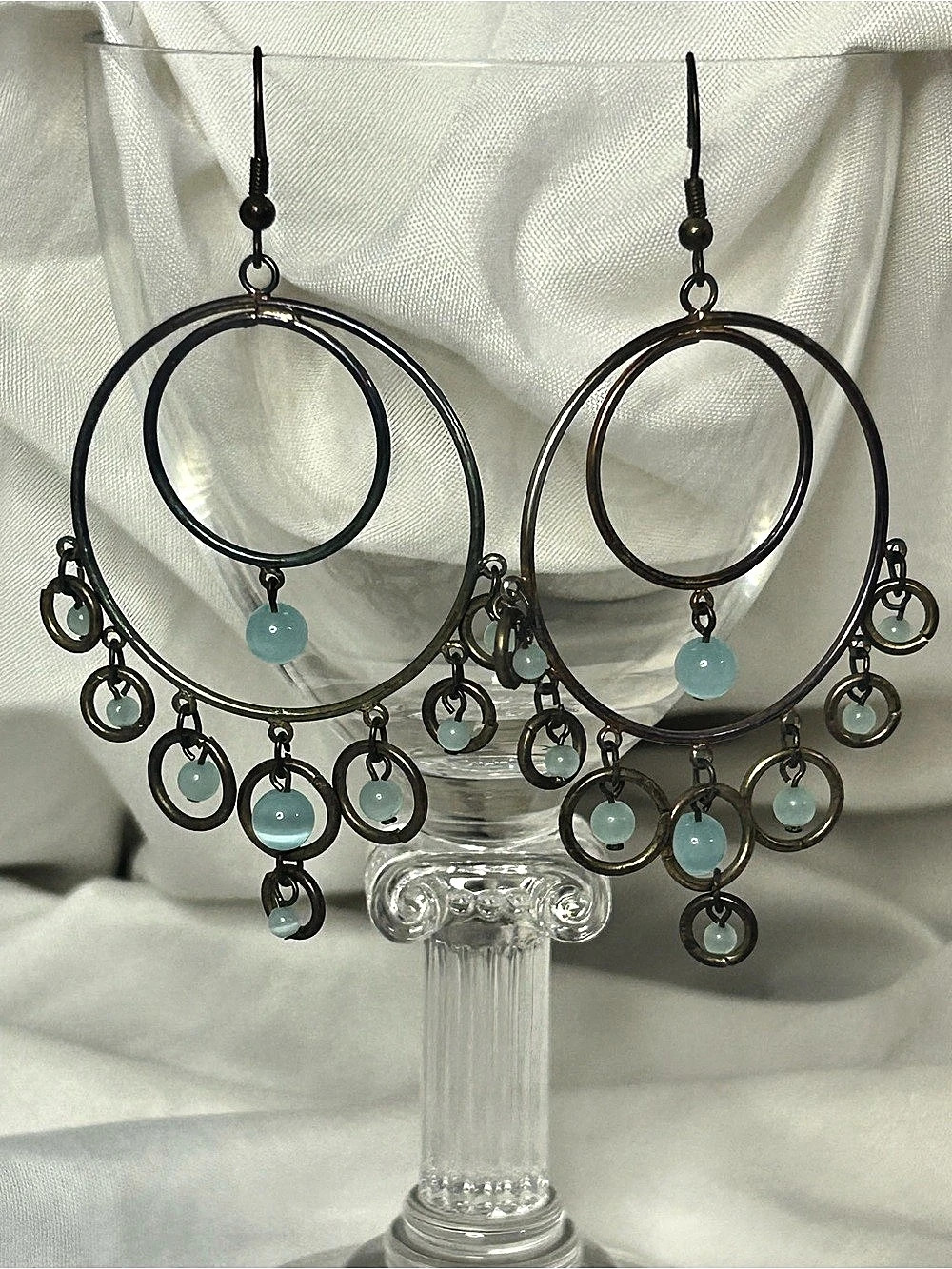 Layered Hoop Dangle Earrings in Brass-tone with Light Blue stones